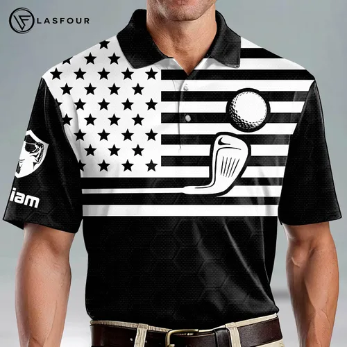 Vista 4 de LASFOUR Camisas de golf divertidas personalizadas para hombres, camisas de golf locas para hombres, camisas de golf con bandera de Estados Unidos