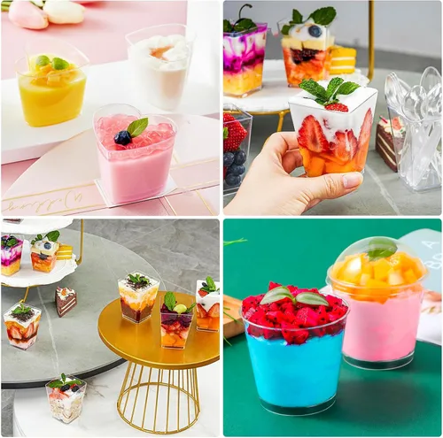 Vista 6 de Paquete de 360 tazas de postre de 5 onzas y 6 onzas con tapas y cucharas, 3 estilos de vasos de plástico transparente para aperitivos, desechables