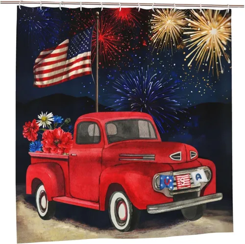 Vista 17 de Cortina de ducha patriótica de Estados Unidos para baño, cortina de baño de secado rápido con estrellas rojas y azules del 4 de julio, bañeras