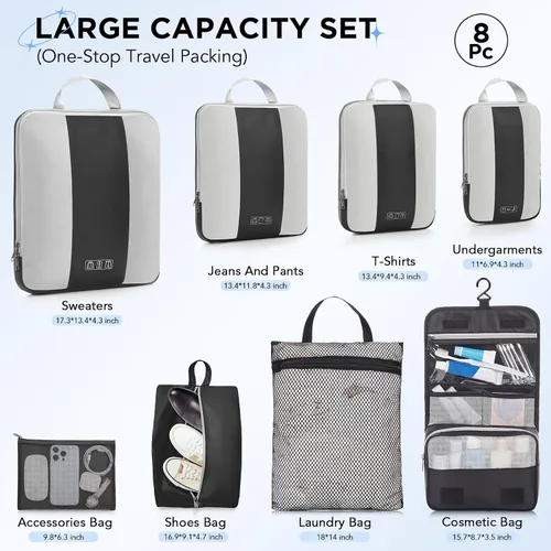 Vista 2 de Juego de 8 cubos de compresión para artículos esenciales de viaje, cubos de embalaje expandibles compresibles para maleta, bolsas organizadoras