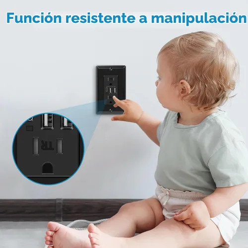 Vista 6 de ECOELER Receptáculo de Tomacorriente USB Negro de 3 Puertos, Tomacorriente de Pared USB C de 6.0A 30W, Enchufe Resistente a Manipulaciones de 15