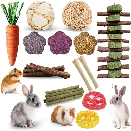 Vista 8 de WDEFUN 21 juguetes masticables de conejo para rechinar dientes, pasteles de heno Timothy naturales para conejito, palitos de madera de manzana