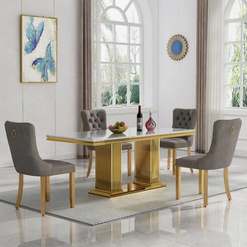 Vista 27 de Juego de mesa de comedor de mármol para 4, mesa de cocina rectangular de mármol negro de 68 pulgadas con base en H de acero inoxidable dorado, juego