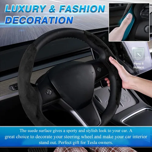 Vista 3 de Funda decorativa para volante de Tesla Model Y/Juniper 2017-2025, compatible con el modelo 3/Highland de gamuza para volante, protección