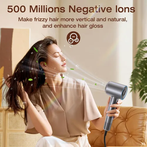Vista 4 de Secador de pelo, 160000 RPM, alta velocidad, 1400 W, secador de pelo iónico negativo de 500 millones, 3 velocidades y 5 temperaturas, secado rápido