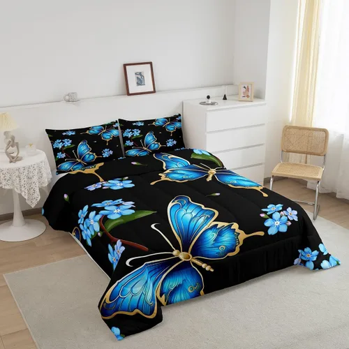 Vista 2 de Erosebridal Juego de edredón de mariposa tamaño individual, diseño de flores azules, acuarela, mariposa, floral, para niños, niñas, jóvenes