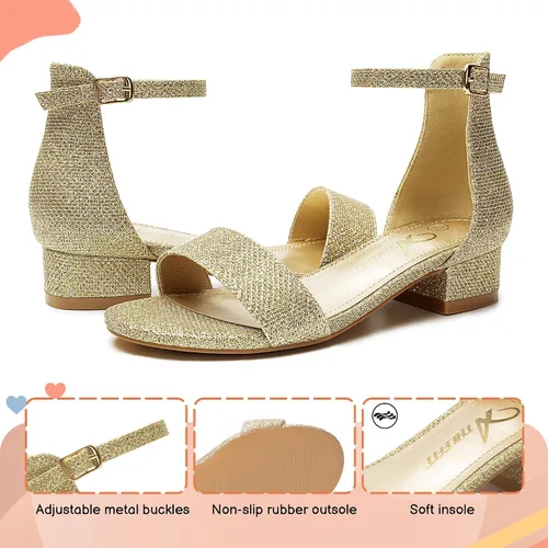 Vista 53 de Athlefit Sandalias para niñas, puntera abierta, correa en el tobillo, tacones bajos, zapatos de vestir para niñas pequeñas y grandes