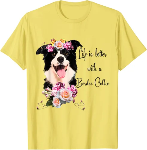Vista 45 de Life is Better With a Border Collie - Camiseta de perro lindo con flores, gris, S Gris Oscuro