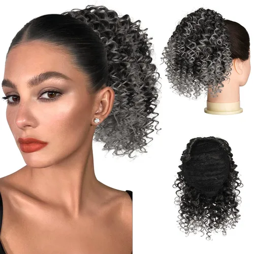Vista 12 de PEACOCO Cola de caballo afro rizada con cordón para mujeres negras, extensiones de cola de caballo afro de 6 pulgadas, cabello sintético con 2 1b