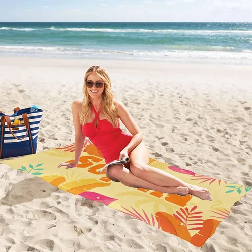 Vista 3 de InterestPrint Toalla de playa personalizada para mujeres y hombres, hojas tropicales, naranja, toallas de playa personalizadas con nombres, manta