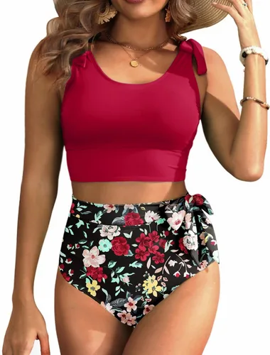 Vista 22 de Trajes de baño de dos piezas de cintura alta - Bikini con control de abdomen para mujer, traje de baño modesto 2 piezas 2025 Hot Red