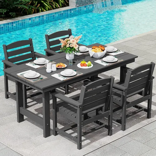 Vista 55 de SERWALL Juego de mesa de comedor de 7 piezas, muebles de comedor de polietileno de alta densidad para exteriores con agujero para paraguas y 6 Negro