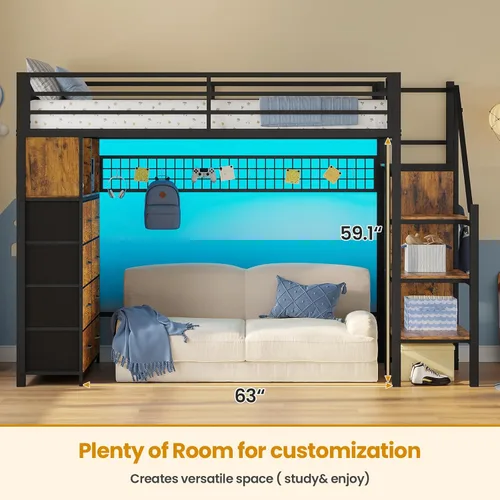 Vista 8 de ADORNEVE - Cama tipo loft tamaño individual con escaleras de almacenamiento, 8 cajones, cama tipo loft de metal para niños tamaño individual