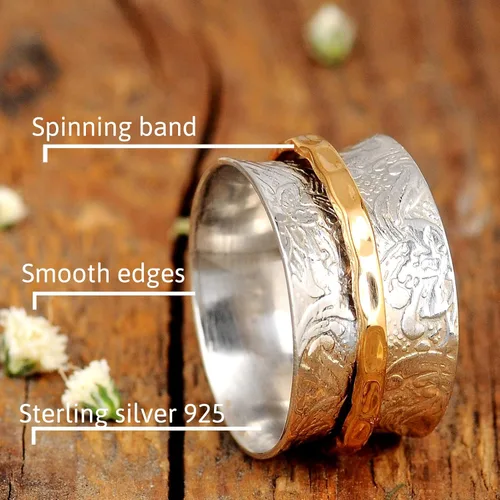 Vista 5 de Boho-Magic Anillo giratorio de plata de ley 925 para mujer con anillo de latón, con flores, Metal