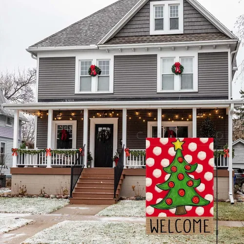 Vista 3 de PANDICORN Bandera de Jardín Feliz Navidad 12x18 Pulgadas Doble Cara, Bienvenida Árbol de Navidad Lunares Rojo Invierno Vacaciones Patio Arpillera