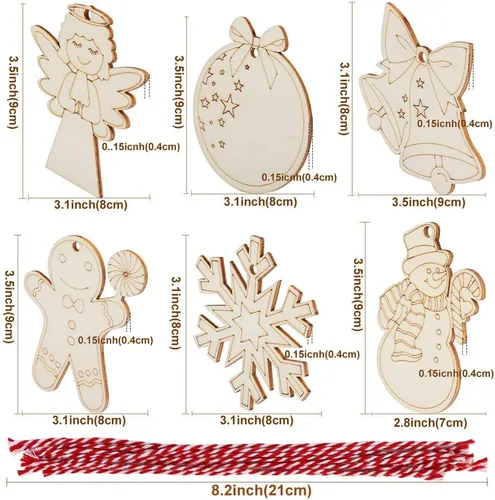 Vista 2 de OurWarm 48 adornos de Navidad de madera, 6 estilos de adornos de rebanadas de madera sin terminar, juego de adornos de Navidad con campanas