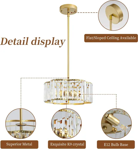 Vista 6 de Candelabro pequeño de cristal dorado, lámpara moderna de 3 luces para comedor sobre la mesa, accesorio de iluminación redondo para pasillo
