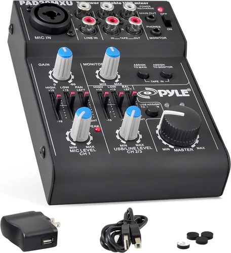Vista 8 de Pyle - Mezclador de audio Bluetooth de 3 canales - Controlador de sonido DJ con tarjeta de sonido USB para grabación en PC - XLR - Conector