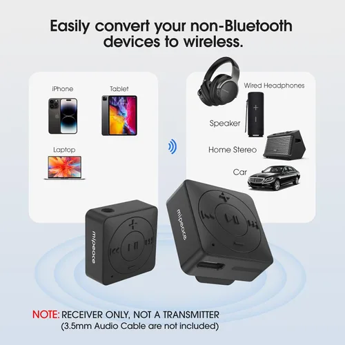 Vista 2 de MIPEACE Adaptador Bluetooth para auriculares, receptor Bluetooth auxiliar de 0.138 in con Bluetooth 5.3, llamadas manos libres, micrófono integrado