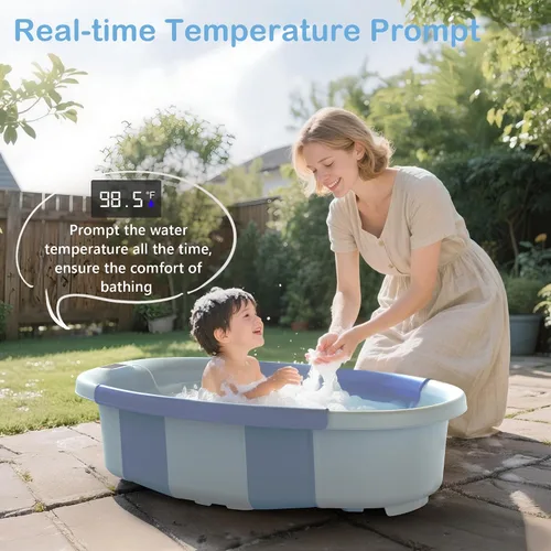 Vista 4 de Bañera Plegable para Bebé - Bañera Grande para Bebé con Termómetro y Cojín Bañera Portátil de Viaje para Recién Nacidos e Infantes Bañera Azul