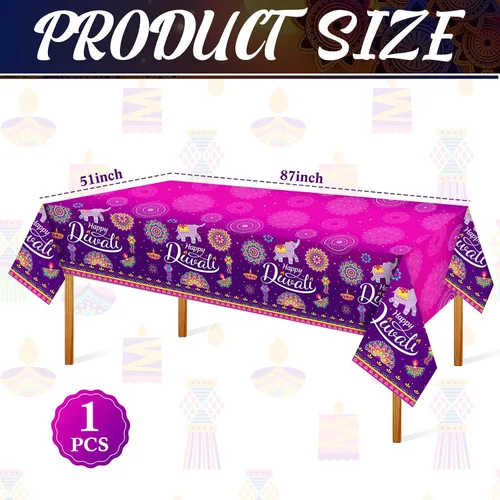 Vista 3 de Peryiter Happy Diwali Mantel desechable, mantel de plástico para mesas rectangulares, mantel Diwali para decoración de fiesta, celebración de luz
