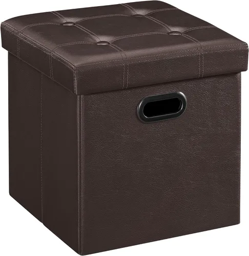Vista 12 de Otomana plegable por Songmics, cubo de almacenamiento de 15 pulgadas con agujero y asa, piel sintética, Madera, Negro