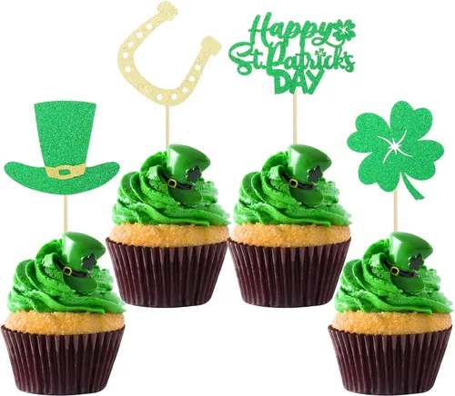 Vista 8 de Gyufise Paquete de 24 adornos para cupcakes del Día de San Patricio Lucky Oh Baby con decoraciones de cuatro hojas para pastel de baby shower de San
