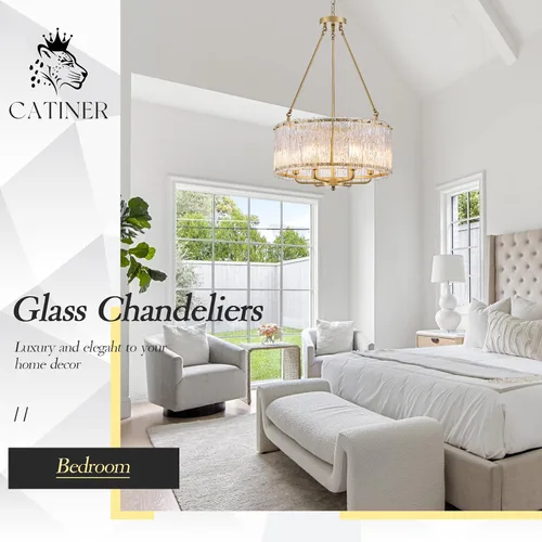 Vista 9 de CATINER Candelabro de cristal de 20 pulgadas, moderno, 6 luces, lámparas de tambor dorado, iluminación colgante de techo de lujo para entrada