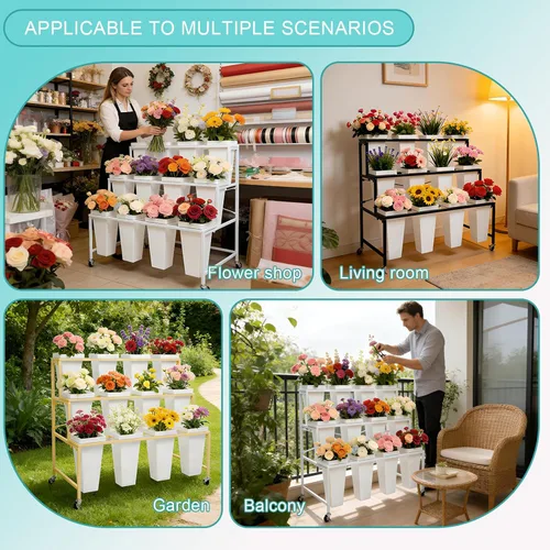Vista 8 de Soporte de exhibición de flores de 3 niveles, soporte móvil de metal para plantas con 12 cubos, carrito de flores con ruedas, adecuado