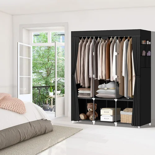 Vista 2 de LOKEME Armario portátil, armarios portátiles para colgar ropa con 3 varillas para colgar y 6 estantes de almacenamiento y 4 bolsillos laterales