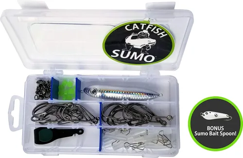 Vista 2 de Juego completo de aparejos de bagre Kit de pesca de gato trofeo con ganchos circulares 8/0, caja de almacenamiento, deslizadores de platina