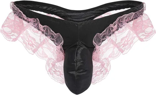 Vista 2 de Ropa interior de encaje floral sexy para hombre, bolsa de satén brillante para travestido, tanga tanga, bragas de sirvienta, cosplay, lencería breve