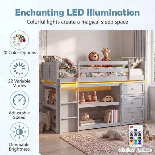 Vista 5 de KOMFOTT Twin Low Loft Bed with LED Lights, Modern Loft Bed (Grey)