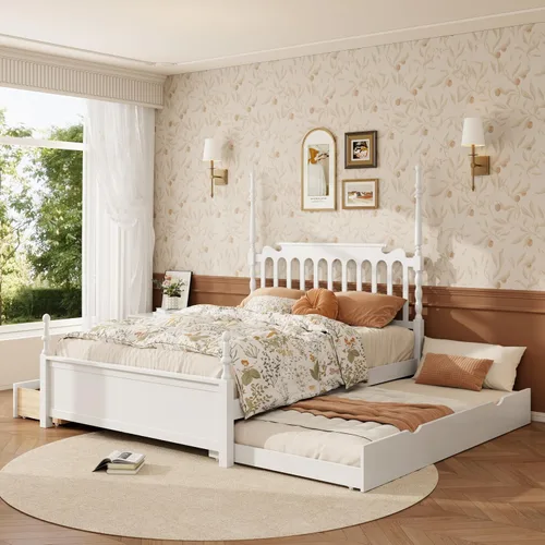 Vista 10 de MERITLINE Cama de plataforma tamaño Queen con cama nido individual XL y 2 cajones de almacenamiento, marco de cama de plataforma de madera maciza