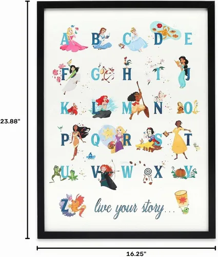 Vista 7 de Decoración de pared de madera enmarcada con alfabeto de princesas Disney - Gran imagen de princesa con Bella, Cenicienta, Ariel, Rapunzel y más