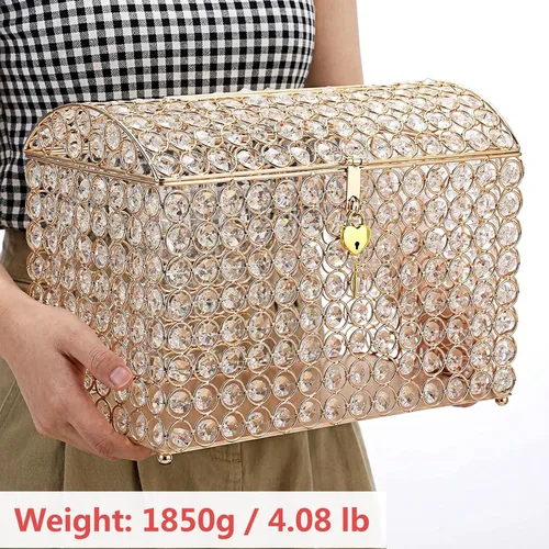 Vista 9 de ELLDOO Caja de tarjetas de boda de cristal con cierre de corazón, 12.6 x 6.3 x 9.4 pulgadas, caja de tarjetas de dinero estilo cofre del tesoro