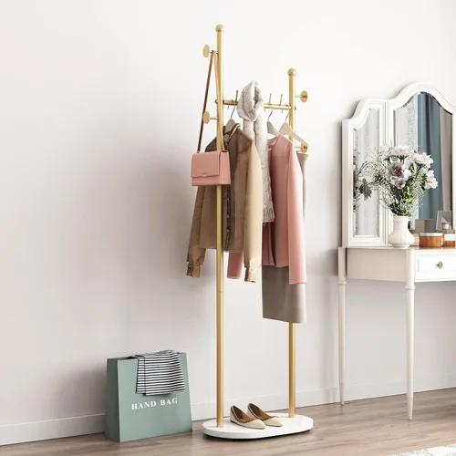 Vista 2 de Perchero de ropa dorado con estantes, perchero dorado independiente con base de mármol, perchero con árbol para sombreros y ropa de pie