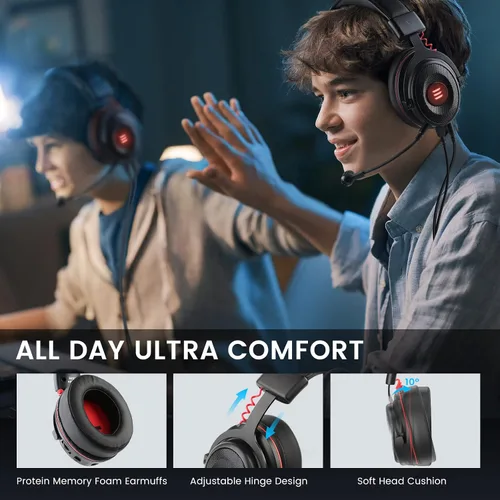 Vista 5 de EKSA Auriculares estéreo para juegos para PS4 PC Xbox One Controller cancelación de ruido sobre auriculares con micrófono luz LED graves alrededor