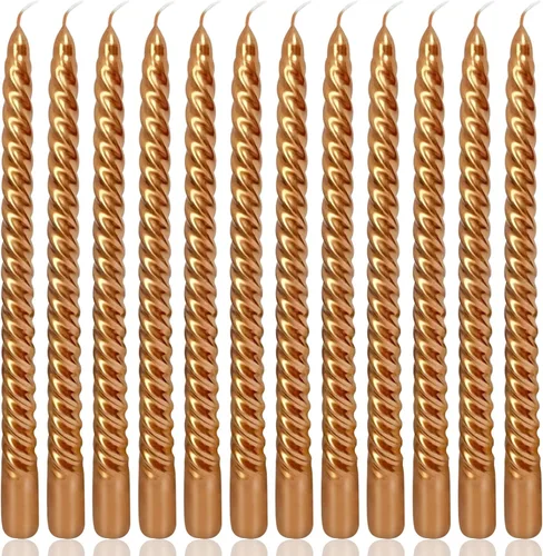 Vista 15 de Juego de velas cónicas en espiral doradas de 10 pulgadas para Navidad, paquete de 12 velas torcidas sin perfume, velas delgadas y cónicas sin goteo