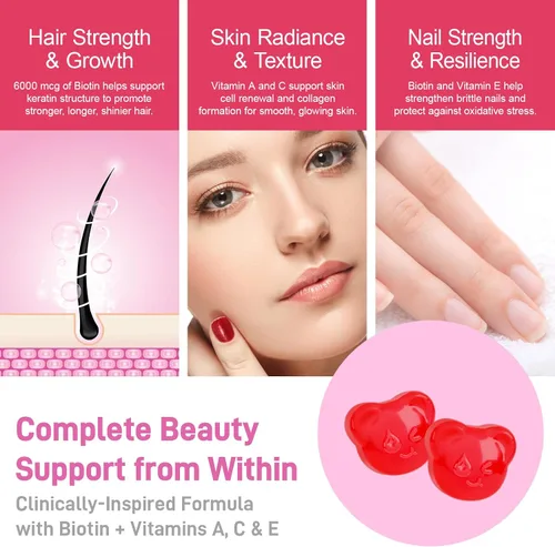 Vista 6 de Biobor - Gomitas naturales de biotina de 6000 mcg sin azúcar añadido, gomitas de belleza para el cabello, la piel y las uñas, con vitaminas A C E