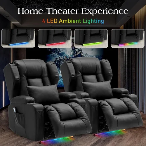 Vista 8 de Sillas reclinables eléctricas para adultos con masaje y calor, silla reclinable individual de piel sintética, sofá reclinable reclinable para cine