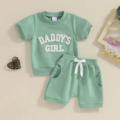 Vista 2 de Xdftwdmgqe Ropa para bebé niña, trajes de verano para recién nacidos, manga corta, camiseta y pantalones cortos, conjunto de sudadera para niños