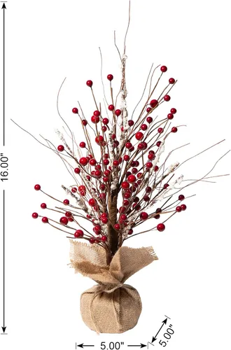 Vista 2 de Glitzhome Árbol de mesa de bayas rojas de Navidad de 16 pulgadas de alto con base de arpillera, centro de mesa decorativo de bayas para Navidad Día