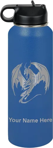 Vista 24 de LaserGram Botella de agua con tapa abatible de doble pared de 12 onzas con pajilla, dragón, grabado personalizado incluido (negro)
