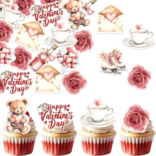 Vista 23 de Rsstarxi Paquete de 24 adornos para cupcakes para el día de San Valentín, con purpurina roja, dulce amor, para cupcakes, decoración de San Valentín