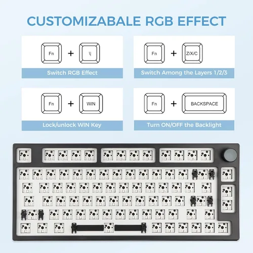 Vista 4 de EPOMAKER TH80 Pro 75% 80 teclas Hot Swap Kit de teclado mecánico para juegos con cable USB A en espiral mixto (negro)