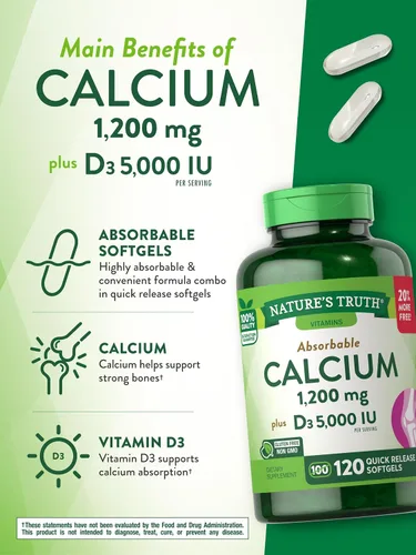 Vista 4 de Nature's Truth Calcio 1200 mg más suplementos de IU de vitamina D3 5000, 120 cuentas (Paquete de 3)