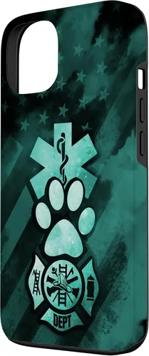 Vista 2 de Funda americana para iPhone 13 EMT EMS Firefighter Dog Paw Turquoise Fire Rescue