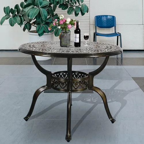 Vista 11 de Mesa de comedor al aire libre de 30.5 pulgadas, cuadrada, para patio, mesa de bistró, de aluminio fundido de bronce, mesa grande rústica con agujero