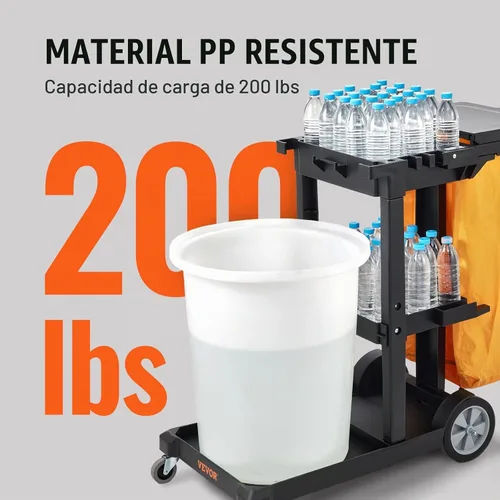 Vista 3 de VEVOR Carrito de limpieza, carrito de limpieza comercial de 3 estantes, carrito de plástico de limpieza de 200 libras de capacidad, con bolsa de PVC
